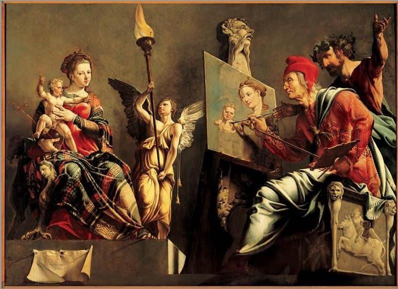 St Luke painting the Virgin by Maarten van Heemskerck, 1532. Mary the Virgin is on the left side of the painting, holding baby Jesus. There is an easel and canvas in the centre, and St Luke is on the right facing the canvas and the Virgin.