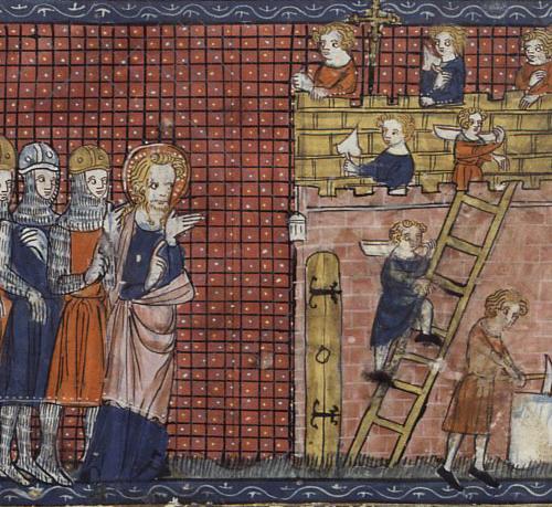 Saint Valentine of Terni oversees the construction of his basilica at Terni, from a 14th-century French manuscript.
